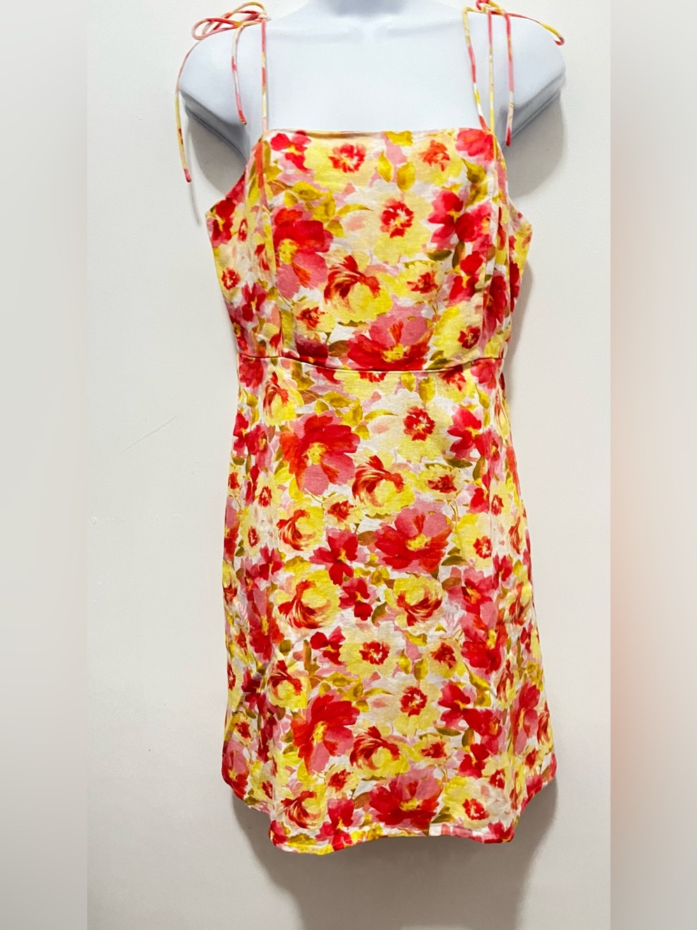 Linen blend Tie-Strap Sundress in Yellow & Pink